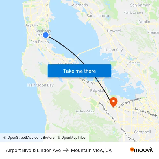 Airport Blvd & Linden Ave to Mountain View, CA map