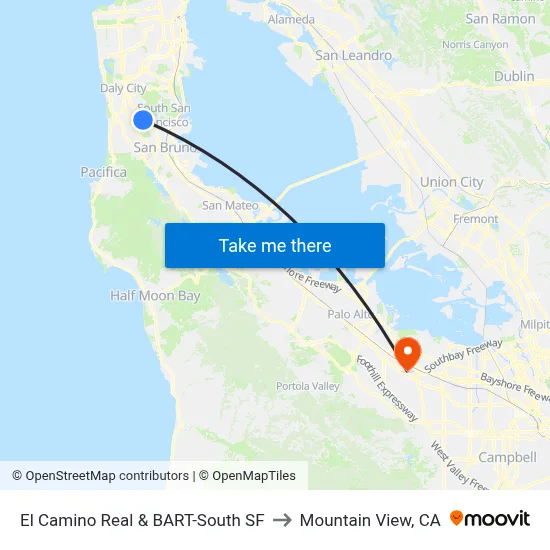 El Camino Real & BART-South SF to Mountain View, CA map