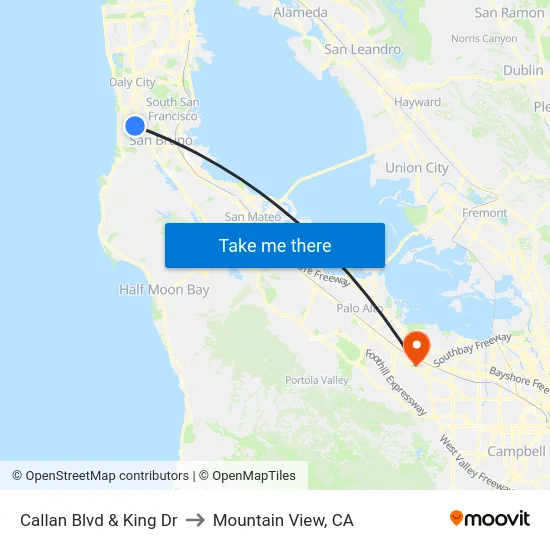 Callan Blvd & King Dr to Mountain View, CA map