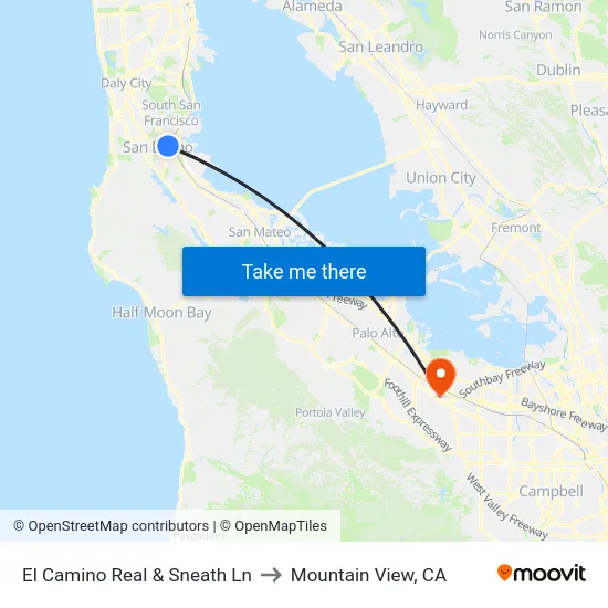 El Camino Real & Sneath Ln to Mountain View, CA map