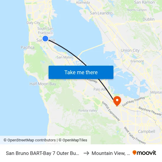 San Bruno BART-Bay 7 Outer Busway to Mountain View, CA map