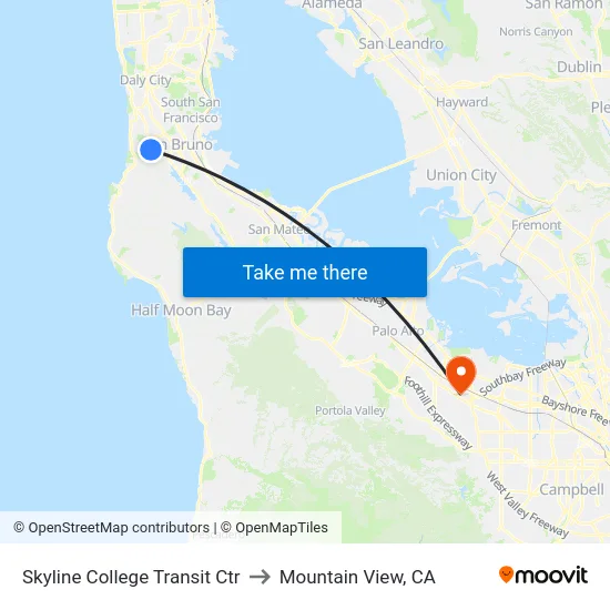 Skyline College Transit Ctr to Mountain View, CA map