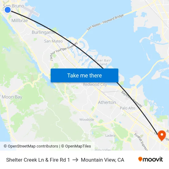 Shelter Creek Ln & Fire Rd 1 to Mountain View, CA map