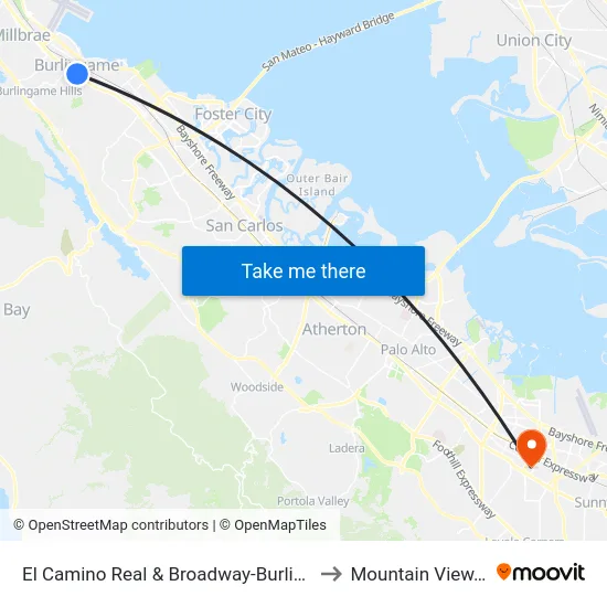 El Camino Real & Broadway-Burlingame to Mountain View, CA map