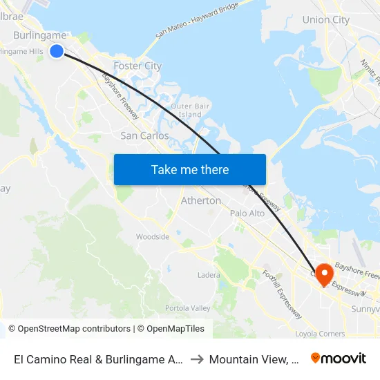 El Camino Real & Burlingame Ave to Mountain View, CA map