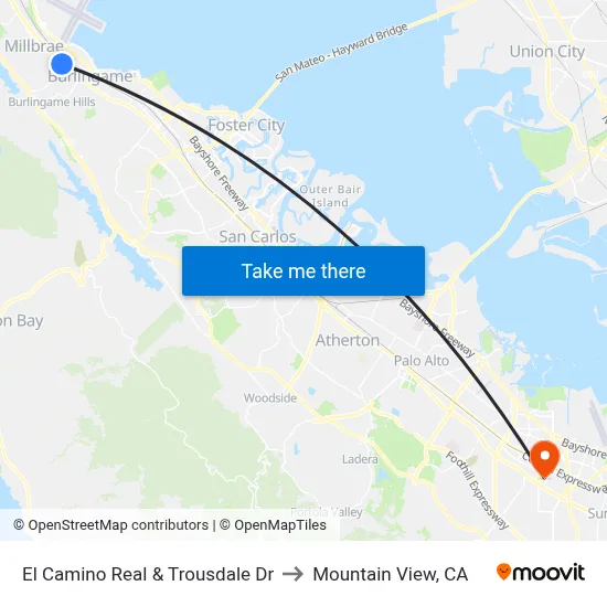El Camino Real & Trousdale Dr to Mountain View, CA map