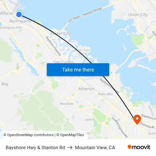 Bayshore Hwy & Stanton Rd to Mountain View, CA map