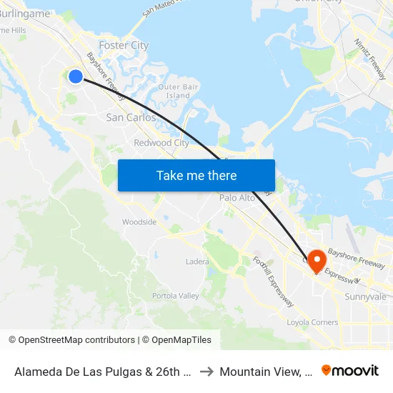 Alameda De Las Pulgas & 26th Ave to Mountain View, CA map