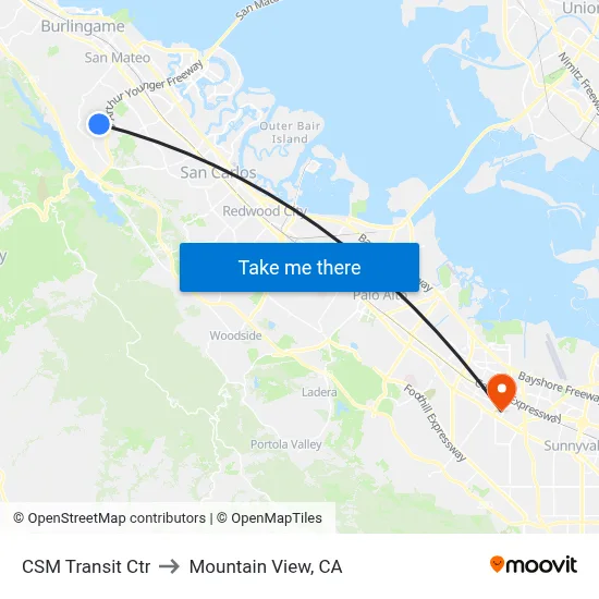 CSM Transit Ctr to Mountain View, CA map