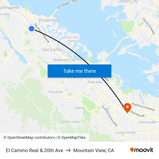 El Camino Real & 20th Ave to Mountain View, CA map