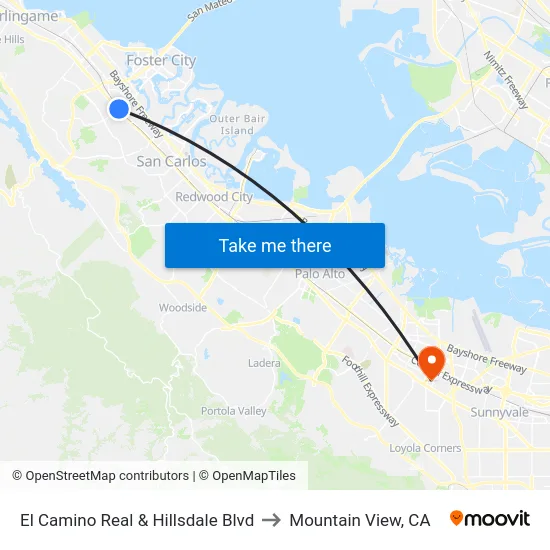 El Camino Real & Hillsdale Blvd to Mountain View, CA map