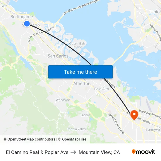 El Camino Real & Poplar Ave to Mountain View, CA map