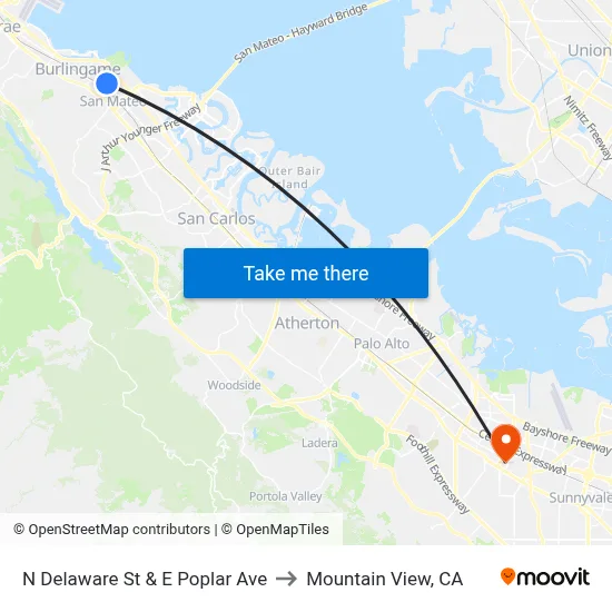 N Delaware St & E Poplar Ave to Mountain View, CA map