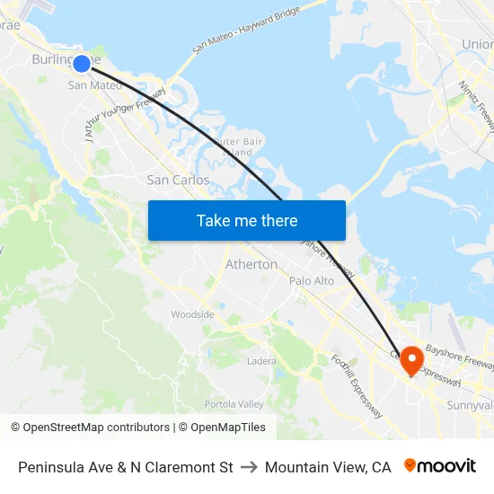 Peninsula Ave & N Claremont St to Mountain View, CA map