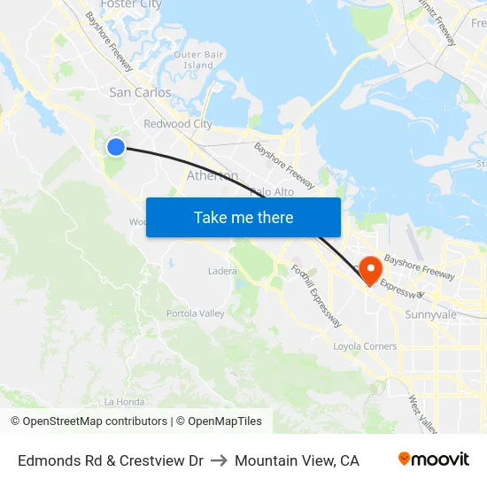 Edmonds Rd & Crestview Dr to Mountain View, CA map