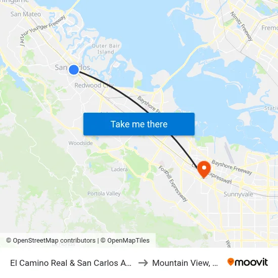 El Camino Real & San Carlos Ave to Mountain View, CA map
