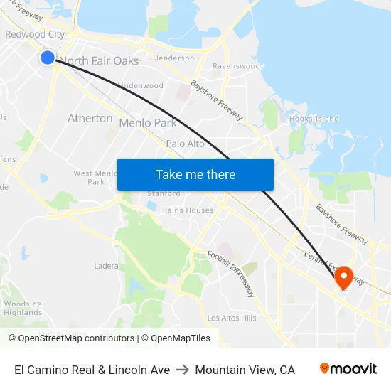 El Camino Real & Lincoln Ave to Mountain View, CA map