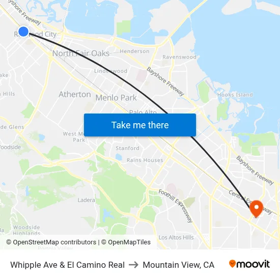 Whipple Ave & El Camino Real to Mountain View, CA map