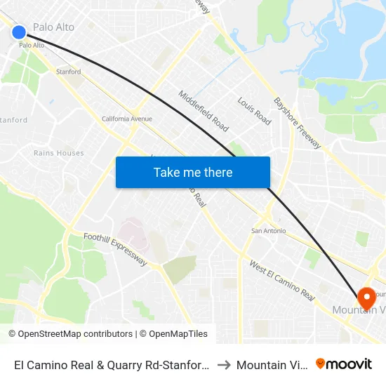 El Camino Real & Quarry Rd-Stanford Shopping Ctr to Mountain View, CA map