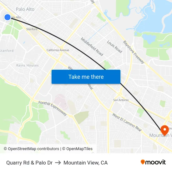 Quarry Rd & Palo Dr to Mountain View, CA map