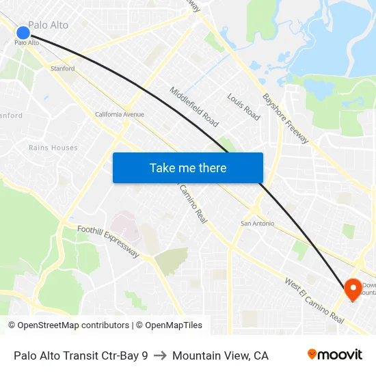Palo Alto Transit Ctr-Bay 9 to Mountain View, CA map