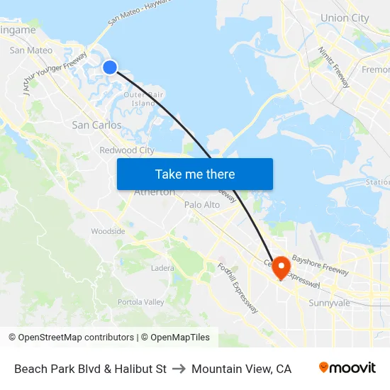 Beach Park Blvd & Halibut St to Mountain View, CA map