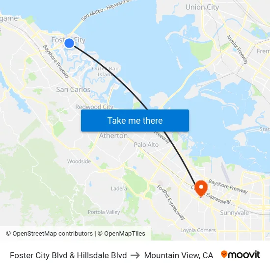 Foster City Blvd & Hillsdale Blvd to Mountain View, CA map