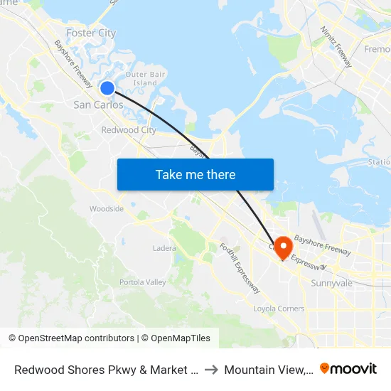 Redwood Shores Pkwy & Market Place to Mountain View, CA map