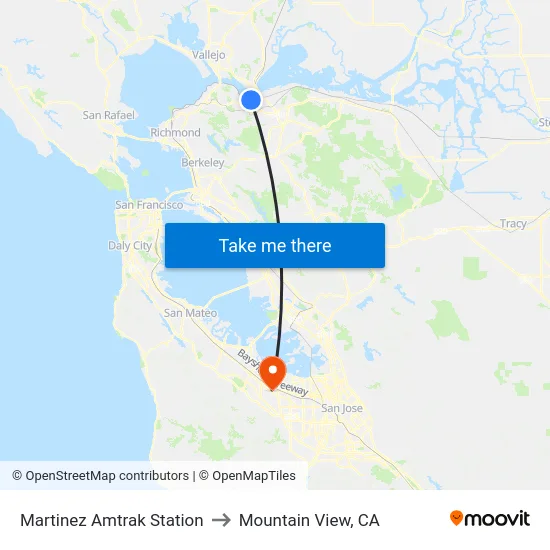 Martinez Amtrak Station to Mountain View, CA map