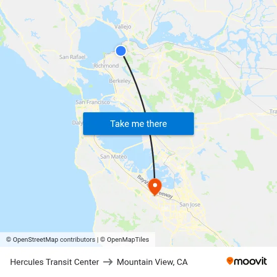 Hercules Transit Center to Mountain View, CA map