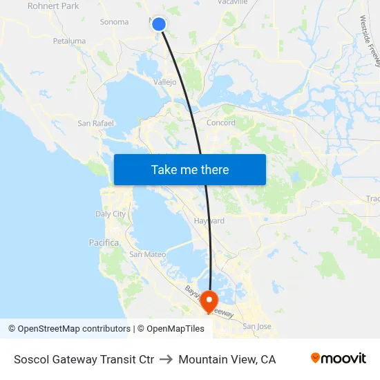 Soscol Gateway Transit Ctr to Mountain View, CA map