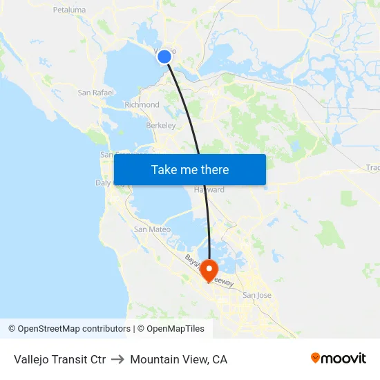 Vallejo Transit Ctr to Mountain View, CA map