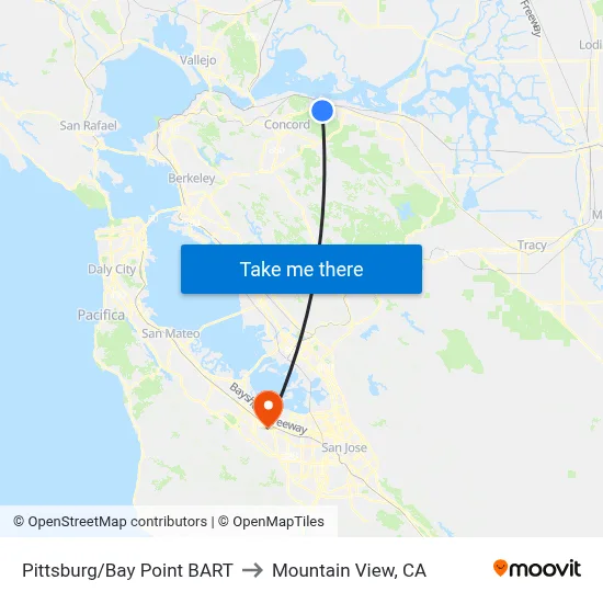 Pittsburg/Bay Point BART to Mountain View, CA map