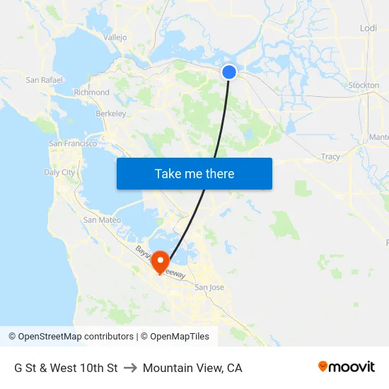 G St & West 10th St to Mountain View, CA map