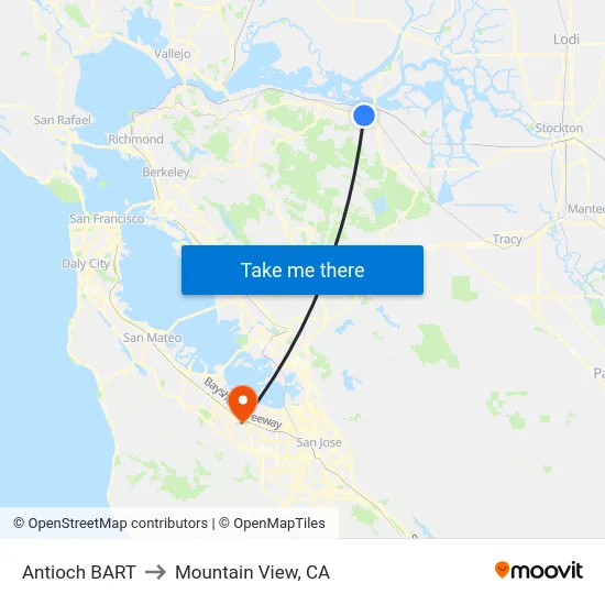 Antioch BART to Mountain View, CA map
