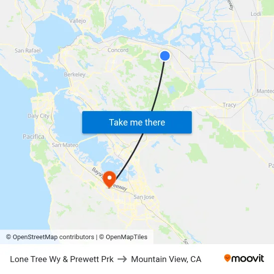 Lone Tree Wy & Prewett Prk to Mountain View, CA map