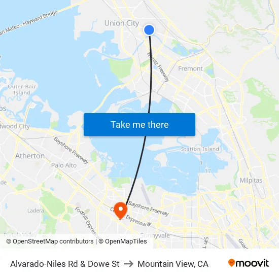 Alvarado-Niles Rd & Dowe St to Mountain View, CA map