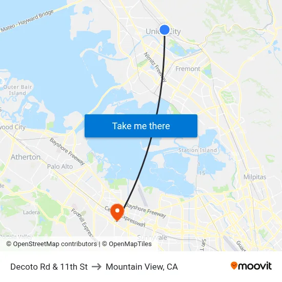 Decoto Rd & 11th St to Mountain View, CA map