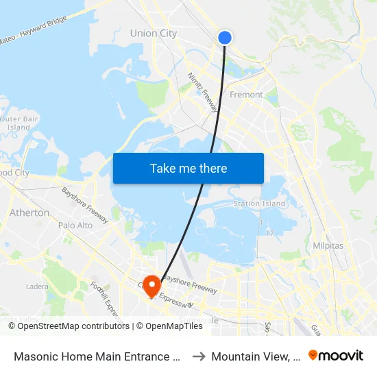Masonic Home Main Entrance Gate to Mountain View, CA map