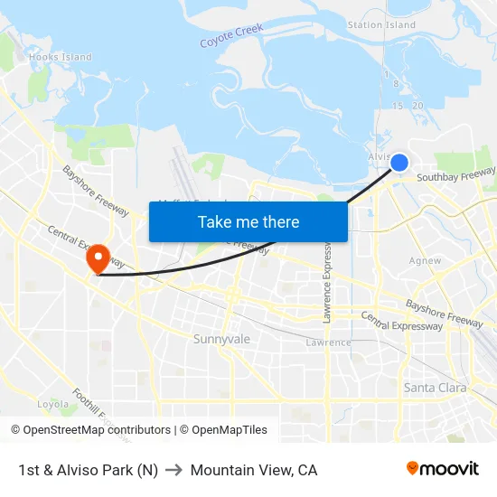 1st & Alviso Park (N) to Mountain View, CA map