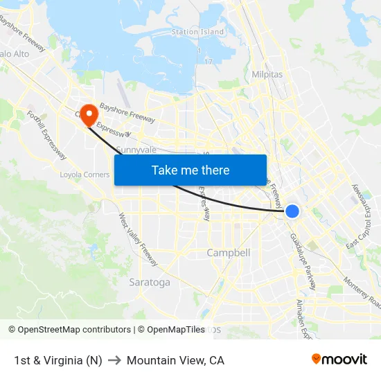 1st & Virginia (N) to Mountain View, CA map