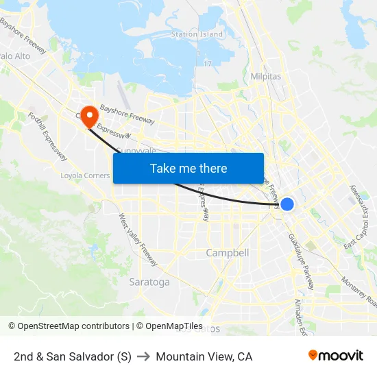 2nd & San Salvador (S) to Mountain View, CA map