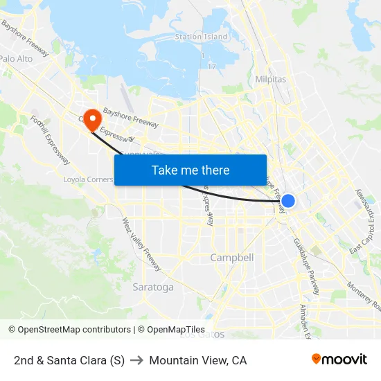 2nd & Santa Clara (S) to Mountain View, CA map