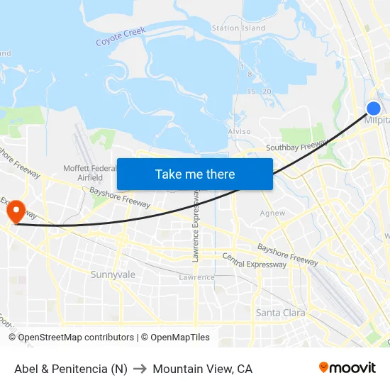 Abel & Penitencia (N) to Mountain View, CA map