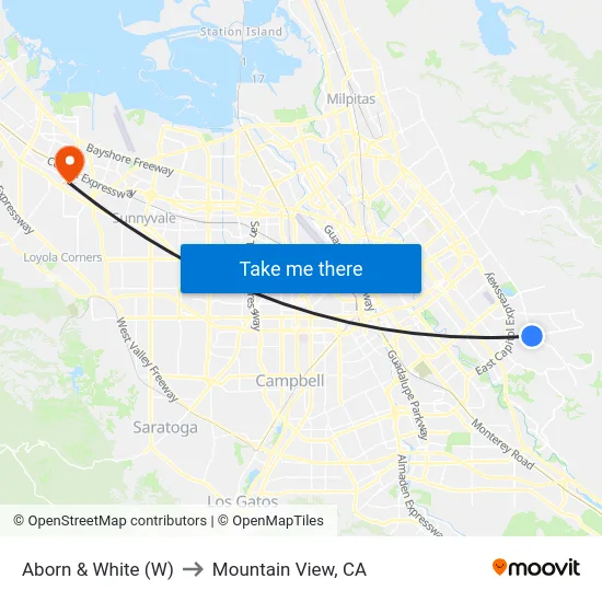Aborn & White (W) to Mountain View, CA map