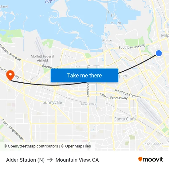 Alder Station (N) to Mountain View, CA map