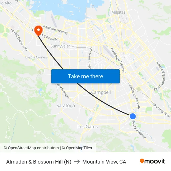 Almaden & Blossom Hill (N) to Mountain View, CA map