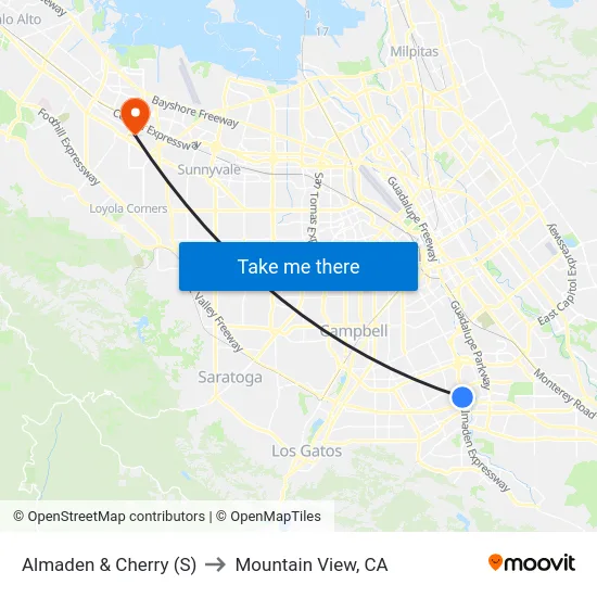 Almaden & Cherry (S) to Mountain View, CA map