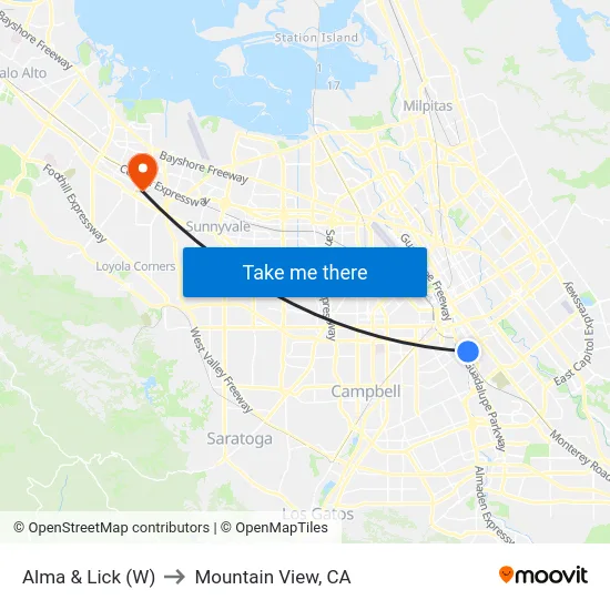 Alma & Lick (W) to Mountain View, CA map