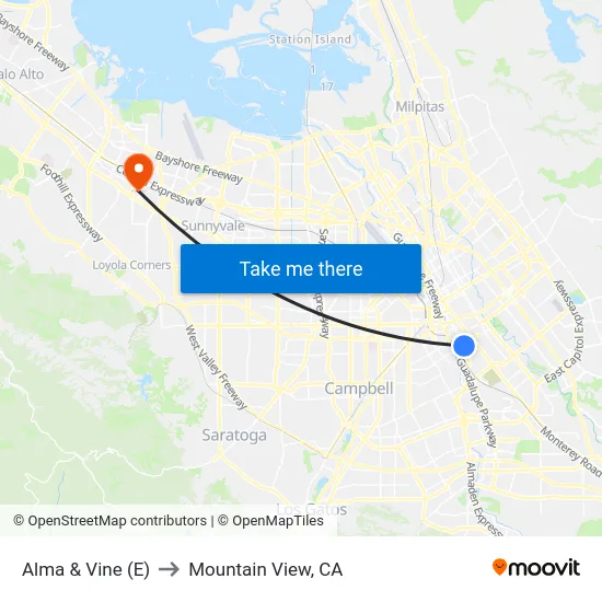 Alma & Vine (E) to Mountain View, CA map